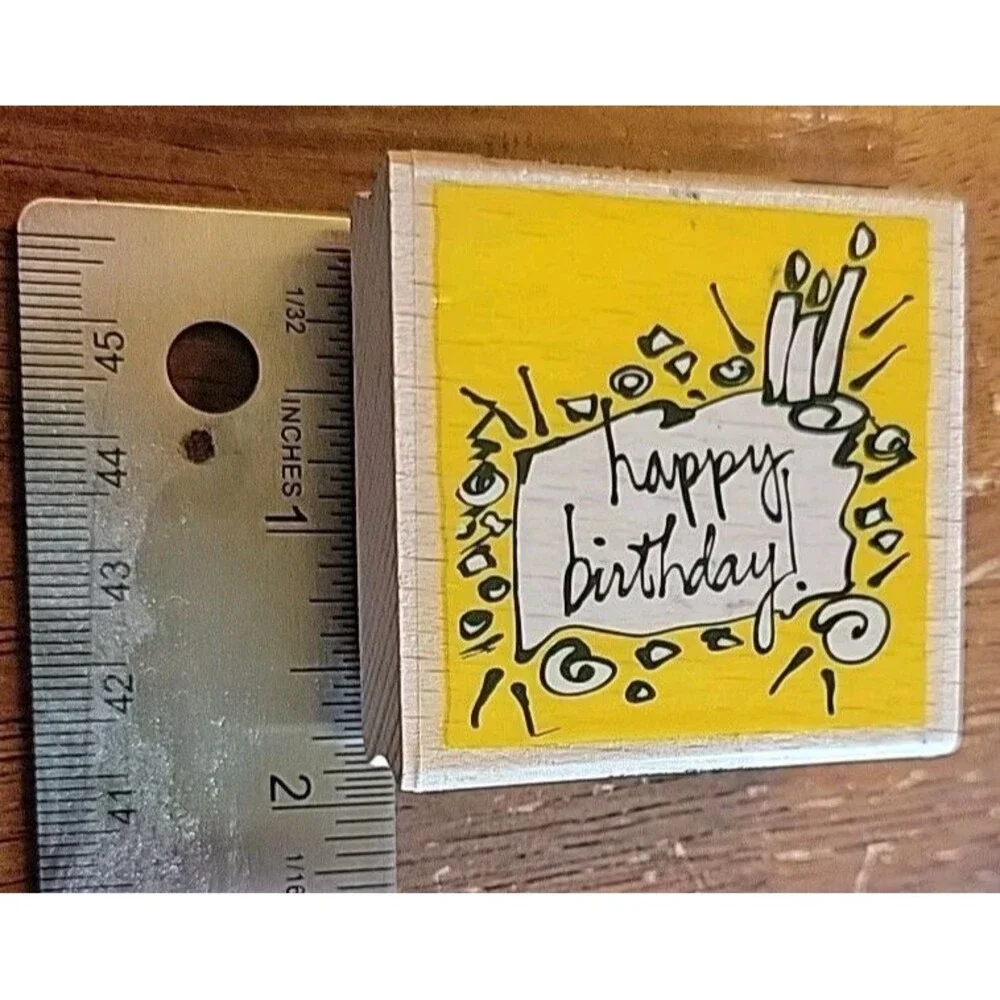 Rubber Stamp - Happy Birthday Script On Birthday Cake - Wood - Vap! Scrap